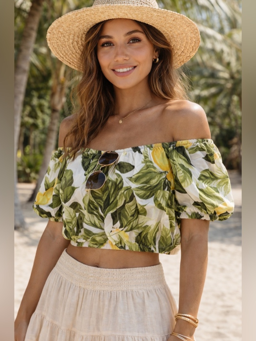 H&M Lemon Print Off Shoulder 100% Cotton Blouse Medium Tropical Puff Sleeve